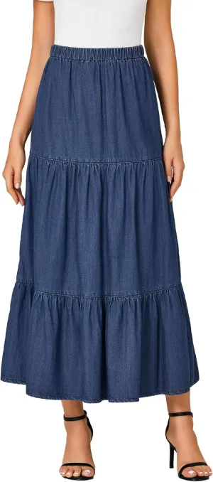 OPOIPIN Women's Elastic High Waist Tiered Ruffle A Line Swing Denim Long Skirt