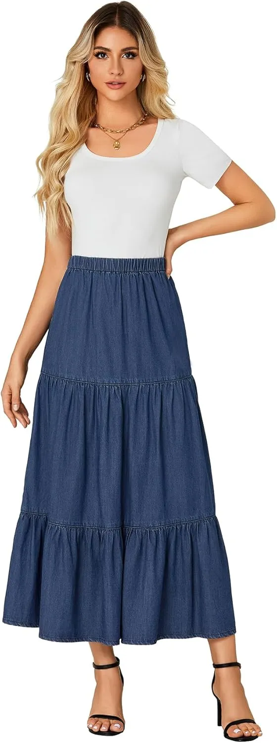 OPOIPIN Women's Elastic High Waist Tiered Ruffle A Line Swing Denim Long Skirt