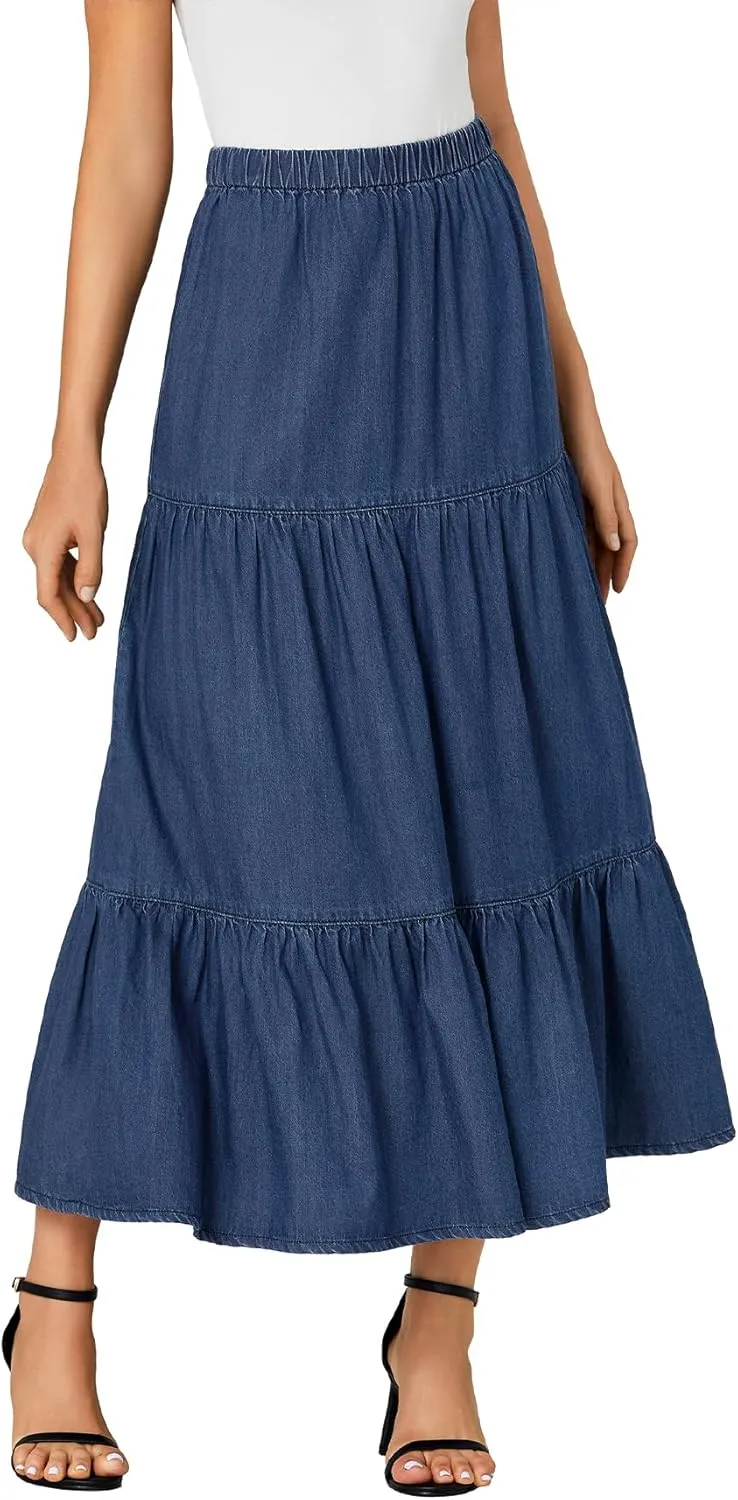 OPOIPIN Women's Elastic High Waist Tiered Ruffle A Line Swing Denim Long Skirt