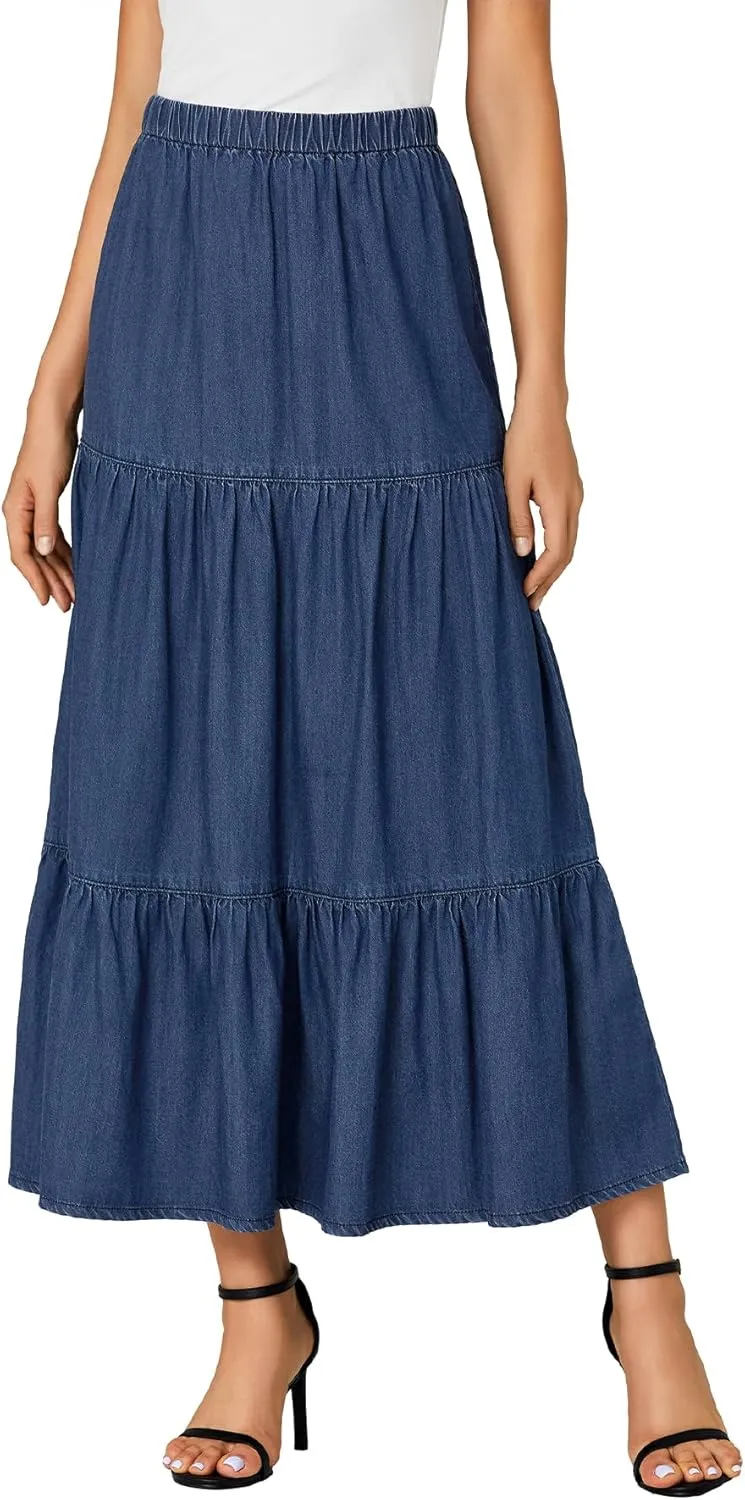 OPOIPIN Women's Elastic High Waist Tiered Ruffle A Line Swing Denim Long Skirt