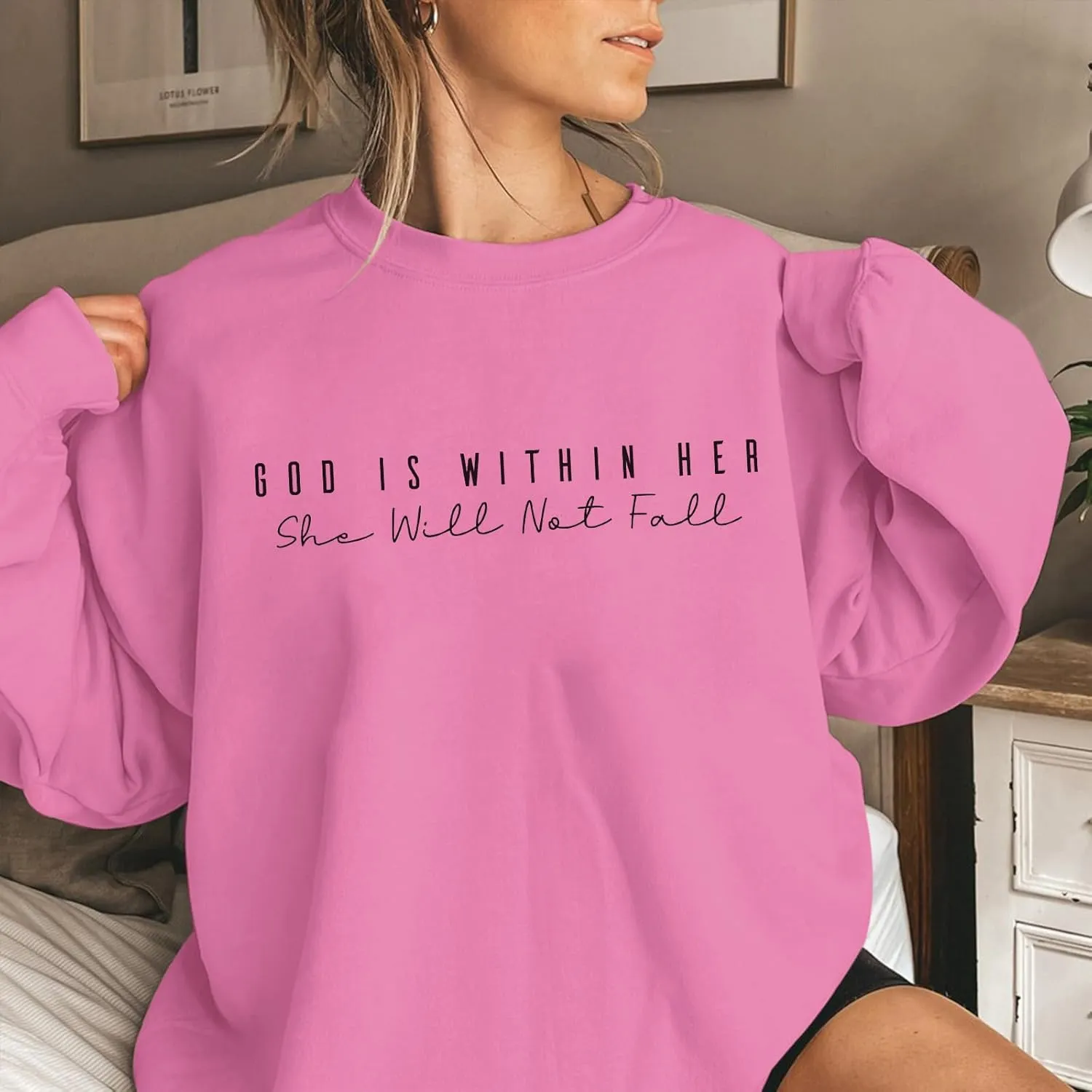 Oversized Christian Sweatshirts Women Faith Jesus Bible Verse Shirts God Is Within Her Inspirational Pullover Tops
