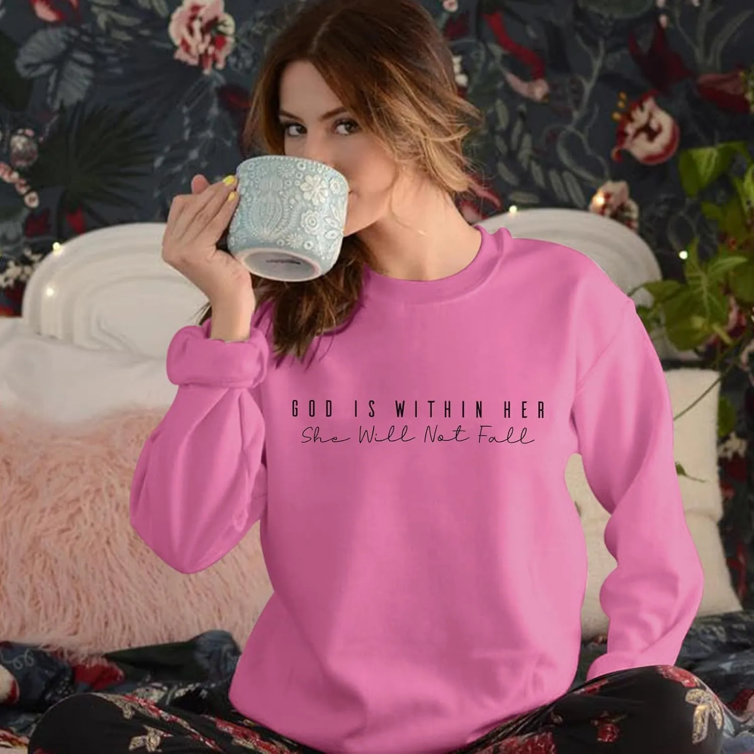 Oversized Christian Sweatshirts Women Faith Jesus Bible Verse Shirts God Is Within Her Inspirational Pullover Tops