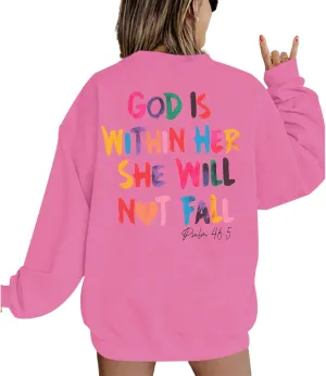Oversized Christian Sweatshirts Women Faith Jesus Bible Verse Shirts God Is Within Her Inspirational Pullover Tops