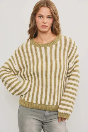 OVERSIZED CREW NECK STRIPED HEAVY SWEATER TOP