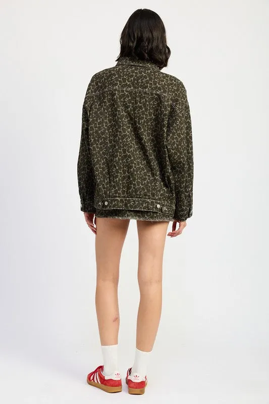 Oversized Leopard Print Denim Jacket