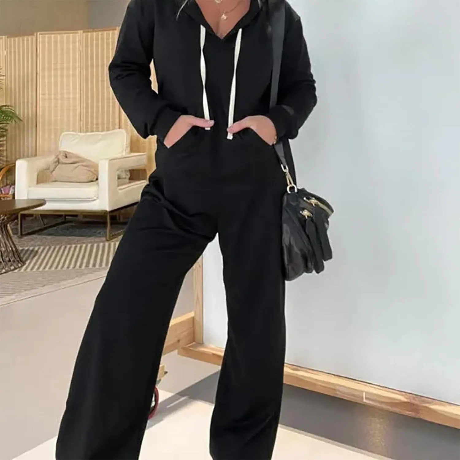 Pinklaura Cozy Days French Terry Jumpsuit, Women's Casual Long Sleeve Hooded Jumpsuits, with Pockets