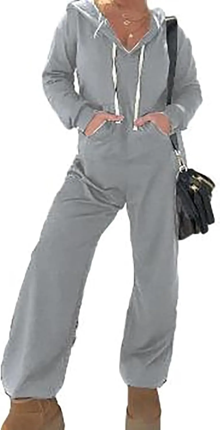 Pinklaura Cozy Days French Terry Jumpsuit, Women's Casual Long Sleeve Hooded Jumpsuits, with Pockets