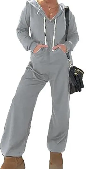 Pinklaura Cozy Days French Terry Jumpsuit, Women's Casual Long Sleeve Hooded Jumpsuits, with Pockets