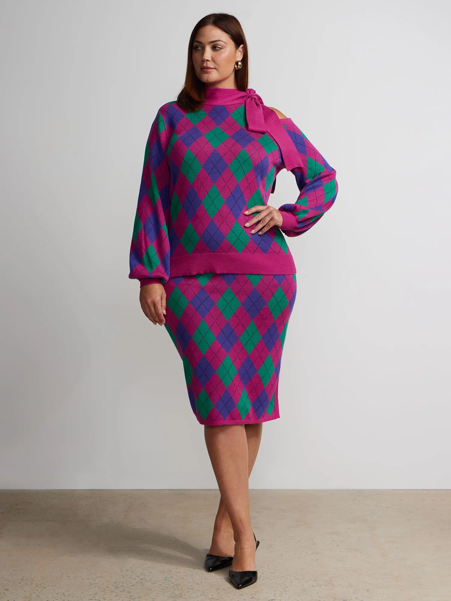 Plus Argyle Knit Pencil Skirt