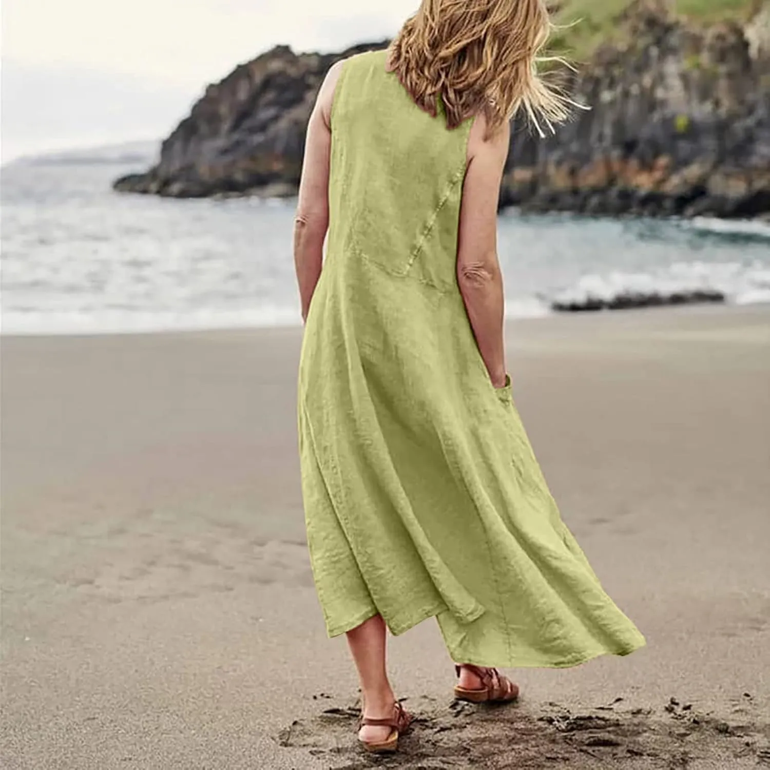 Plus Size Dresses for Curvy Women Summer Casual Sleeveless Cotton Sun Dress Maxi Tunic Tank Beach Dress with Pocket