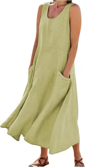 Plus Size Dresses for Curvy Women Summer Casual Sleeveless Cotton Sun Dress Maxi Tunic Tank Beach Dress with Pocket