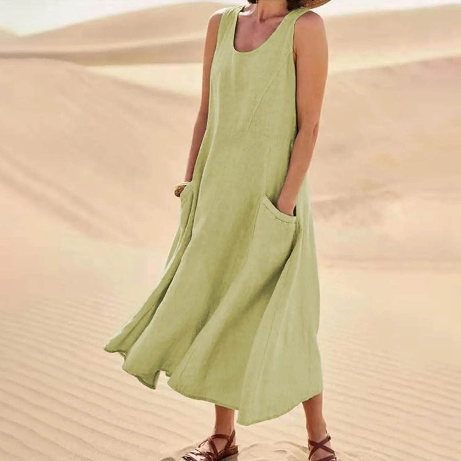 Plus Size Dresses for Curvy Women Summer Casual Sleeveless Cotton Sun Dress Maxi Tunic Tank Beach Dress with Pocket
