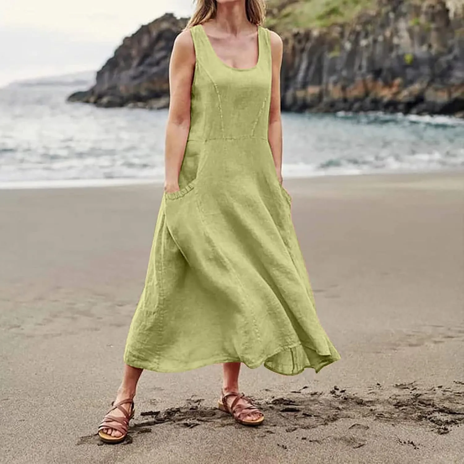 Plus Size Dresses for Curvy Women Summer Casual Sleeveless Cotton Sun Dress Maxi Tunic Tank Beach Dress with Pocket