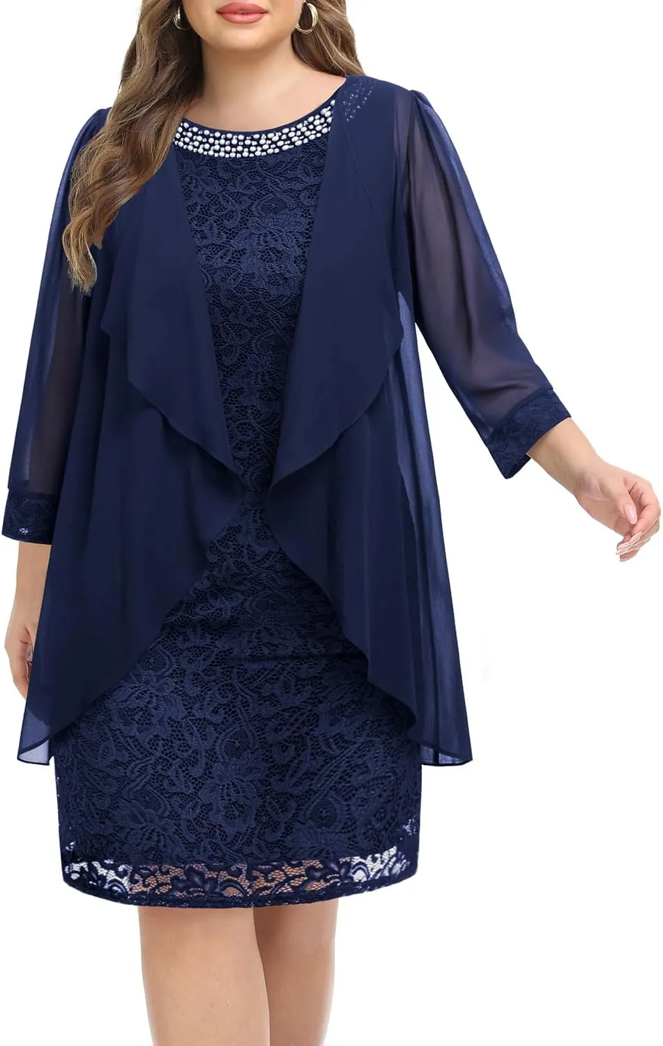 Plus Size Mother of The Bride Dress - 2 Piece Wedding Guest Formal Lace Dress with Jackets