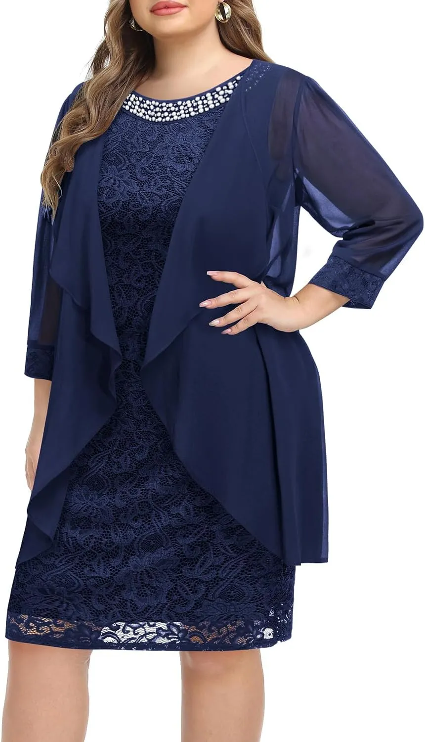 Plus Size Mother of The Bride Dress - 2 Piece Wedding Guest Formal Lace Dress with Jackets