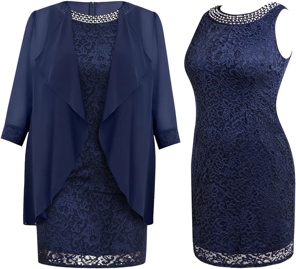 Plus Size Mother of The Bride Dress - 2 Piece Wedding Guest Formal Lace Dress with Jackets