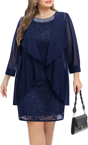 Plus Size Mother of The Bride Dress - 2 Piece Wedding Guest Formal Lace Dress with Jackets