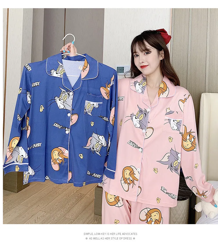 Popular Streaming Pajamas Women Lapel Cotton Long Sleeved Trendy Western Cardigan Loungewear Sets Sleepwear