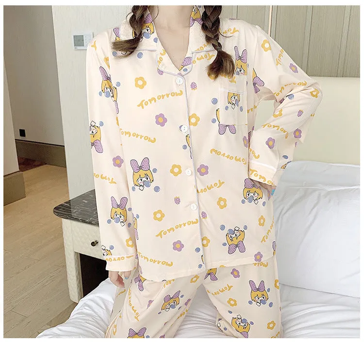 Popular Streaming Pajamas Women Lapel Cotton Long Sleeved Trendy Western Cardigan Loungewear Sets Sleepwear