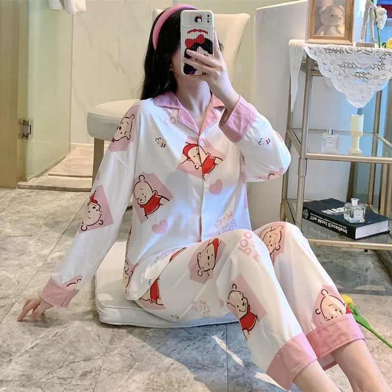 Popular Streaming Pajamas Women Lapel Cotton Long Sleeved Trendy Western Cardigan Loungewear Sets Sleepwear