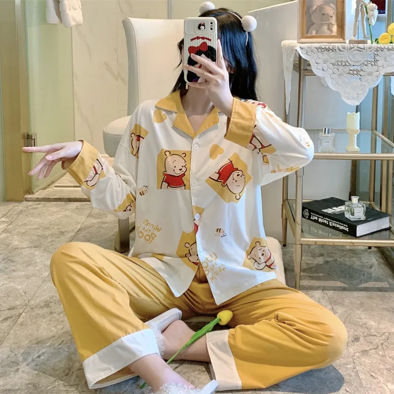 Popular Streaming Pajamas Women Lapel Cotton Long Sleeved Trendy Western Cardigan Loungewear Sets Sleepwear