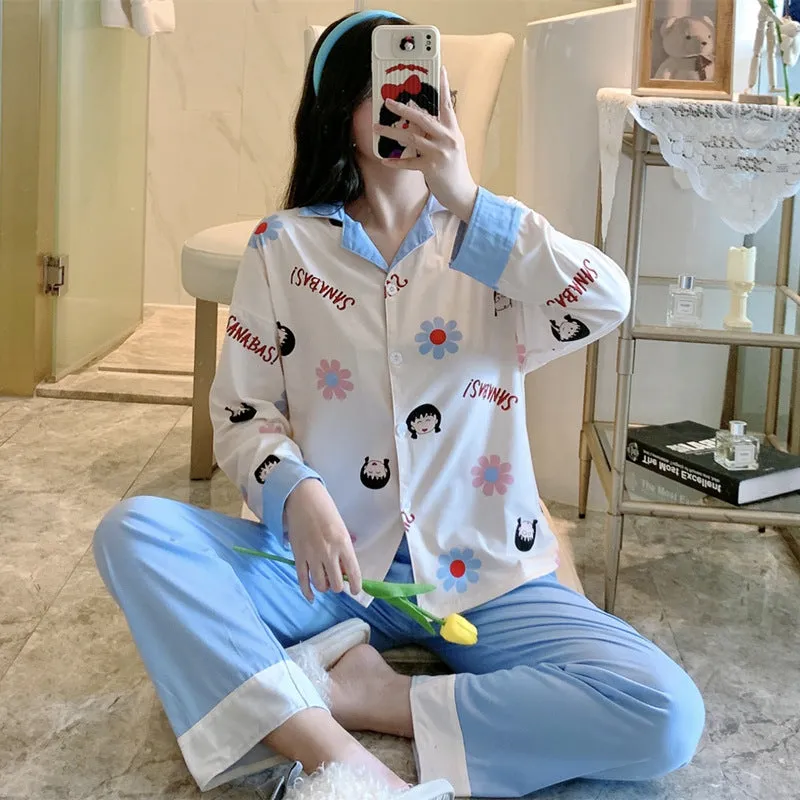 Popular Streaming Pajamas Women Lapel Cotton Long Sleeved Trendy Western Cardigan Loungewear Sets Sleepwear