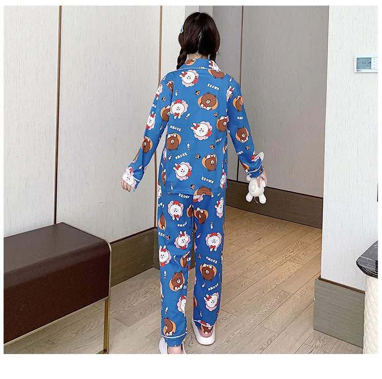 Popular Streaming Pajamas Women Lapel Cotton Long Sleeved Trendy Western Cardigan Loungewear Sets Sleepwear