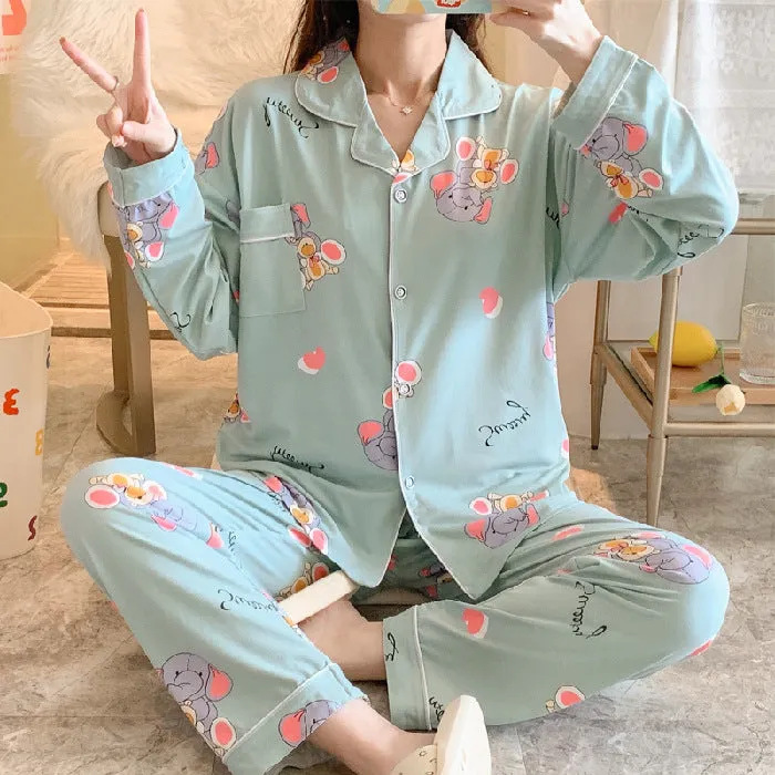 Popular Streaming Pajamas Women Lapel Cotton Long Sleeved Trendy Western Cardigan Loungewear Sets Sleepwear