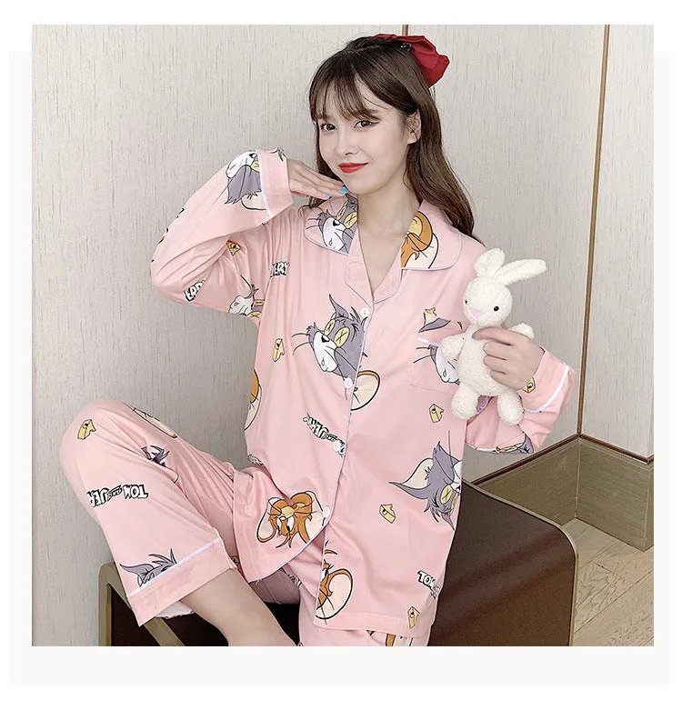 Popular Streaming Pajamas Women Lapel Cotton Long Sleeved Trendy Western Cardigan Loungewear Sets Sleepwear