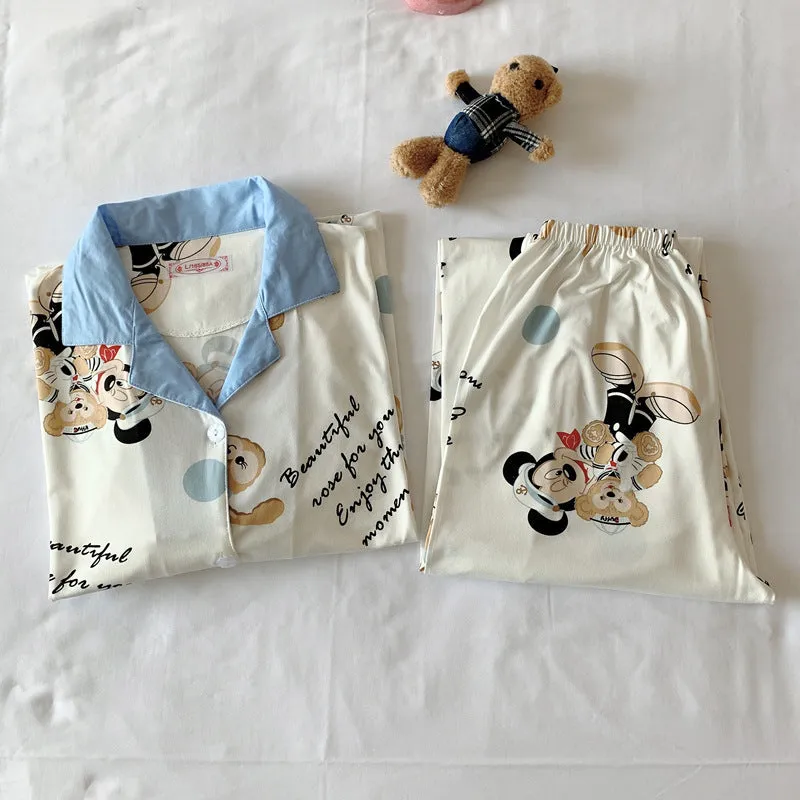 Popular Streaming Pajamas Women Lapel Cotton Long Sleeved Trendy Western Cardigan Loungewear Sets Sleepwear