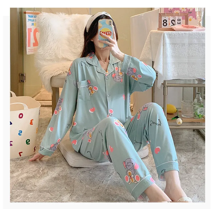 Popular Streaming Pajamas Women Lapel Cotton Long Sleeved Trendy Western Cardigan Loungewear Sets Sleepwear