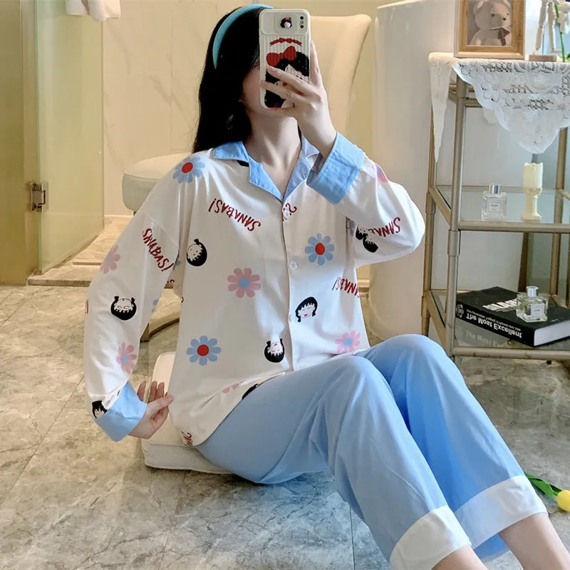 Popular Streaming Pajamas Women Lapel Cotton Long Sleeved Trendy Western Cardigan Loungewear Sets Sleepwear