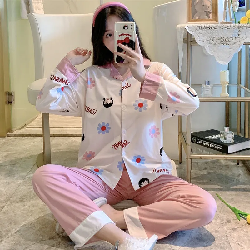 Popular Streaming Pajamas Women Lapel Cotton Long Sleeved Trendy Western Cardigan Loungewear Sets Sleepwear
