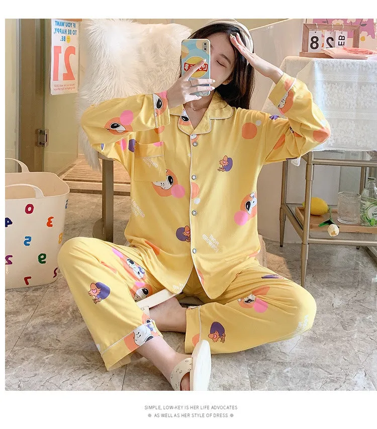Popular Streaming Pajamas Women Lapel Cotton Long Sleeved Trendy Western Cardigan Loungewear Sets Sleepwear