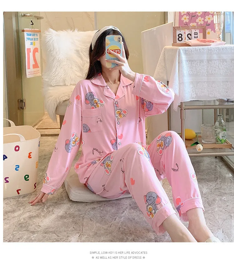 Popular Streaming Pajamas Women Lapel Cotton Long Sleeved Trendy Western Cardigan Loungewear Sets Sleepwear
