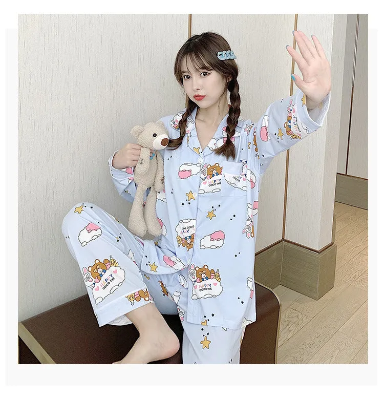 Popular Streaming Pajamas Women Lapel Cotton Long Sleeved Trendy Western Cardigan Loungewear Sets Sleepwear