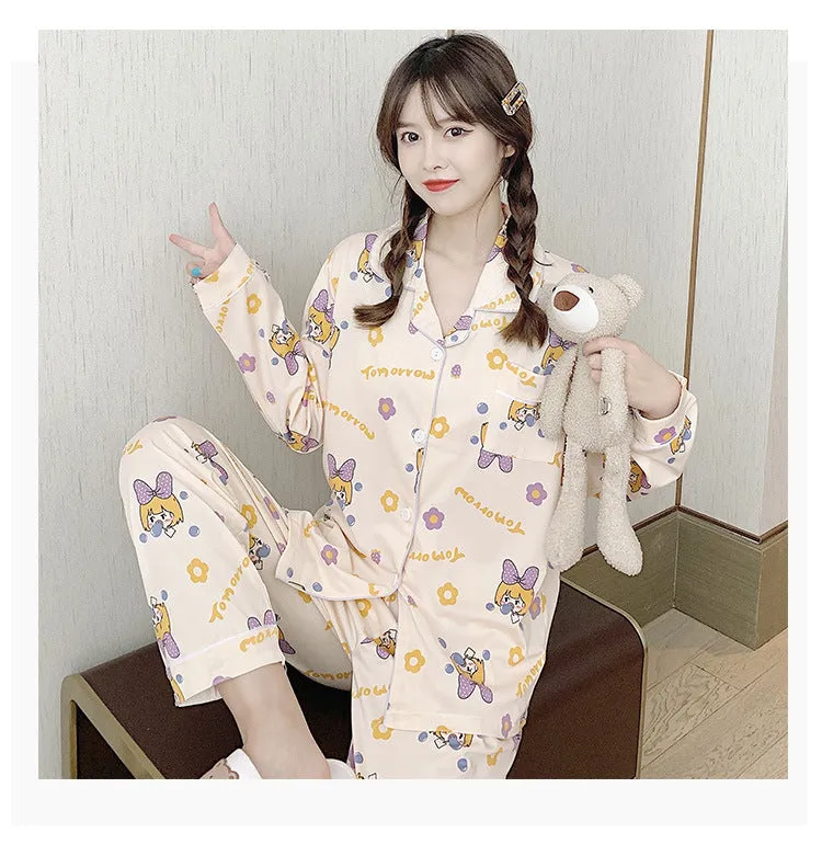 Popular Streaming Pajamas Women Lapel Cotton Long Sleeved Trendy Western Cardigan Loungewear Sets Sleepwear