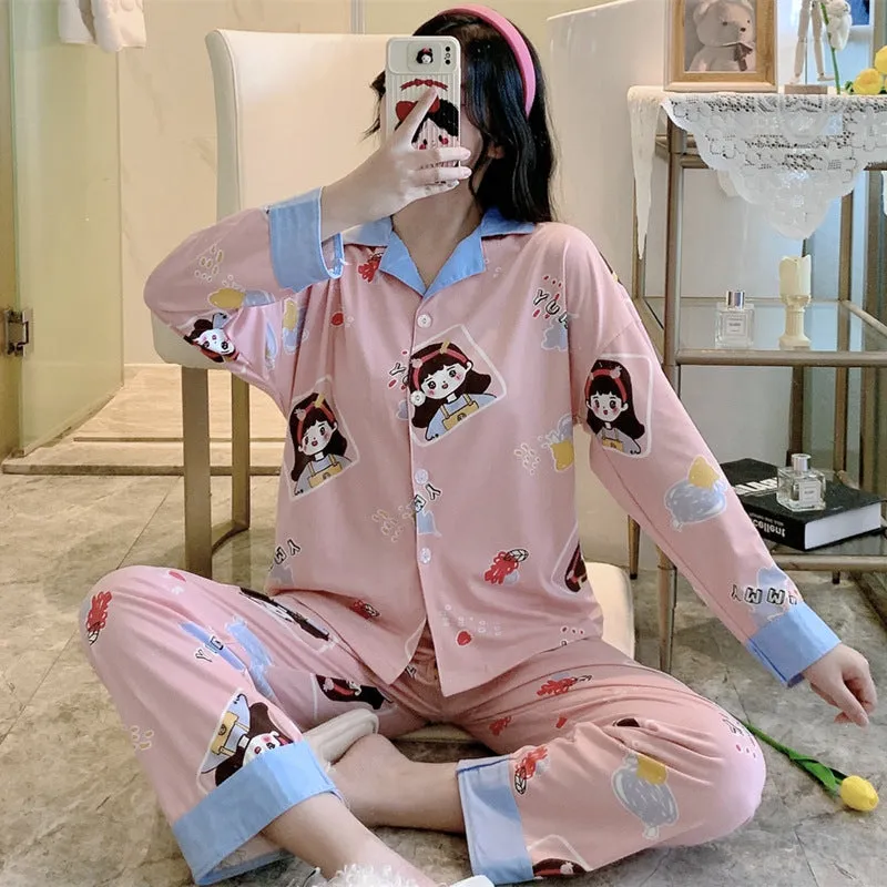 Popular Streaming Pajamas Women Lapel Cotton Long Sleeved Trendy Western Cardigan Loungewear Sets Sleepwear