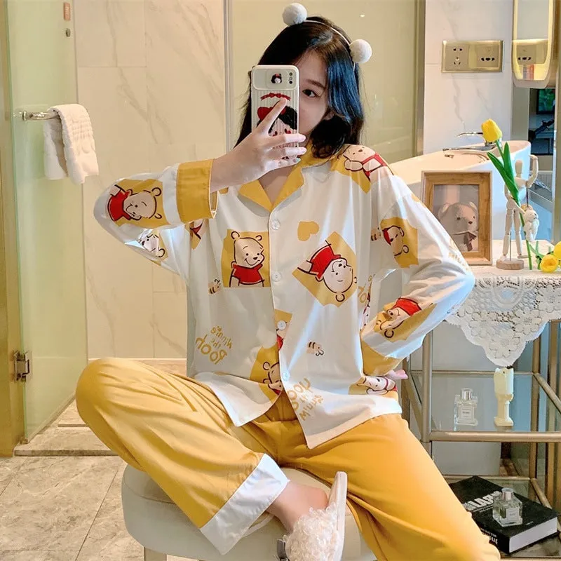 Popular Streaming Pajamas Women Lapel Cotton Long Sleeved Trendy Western Cardigan Loungewear Sets Sleepwear