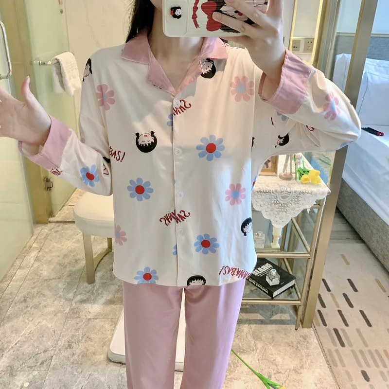 Popular Streaming Pajamas Women Lapel Cotton Long Sleeved Trendy Western Cardigan Loungewear Sets Sleepwear
