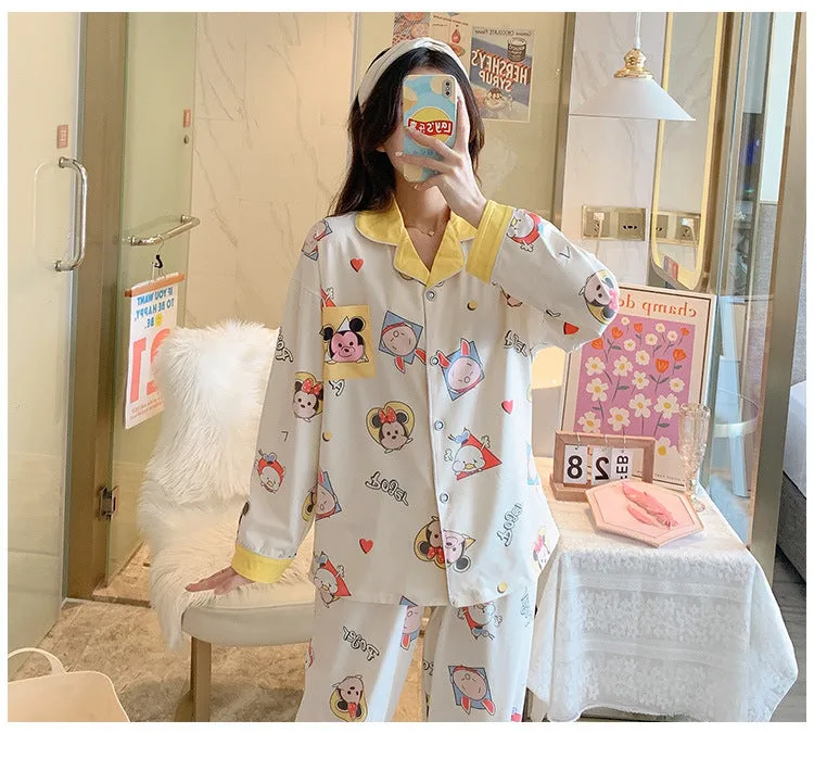 Popular Streaming Pajamas Women Lapel Cotton Long Sleeved Trendy Western Cardigan Loungewear Sets Sleepwear