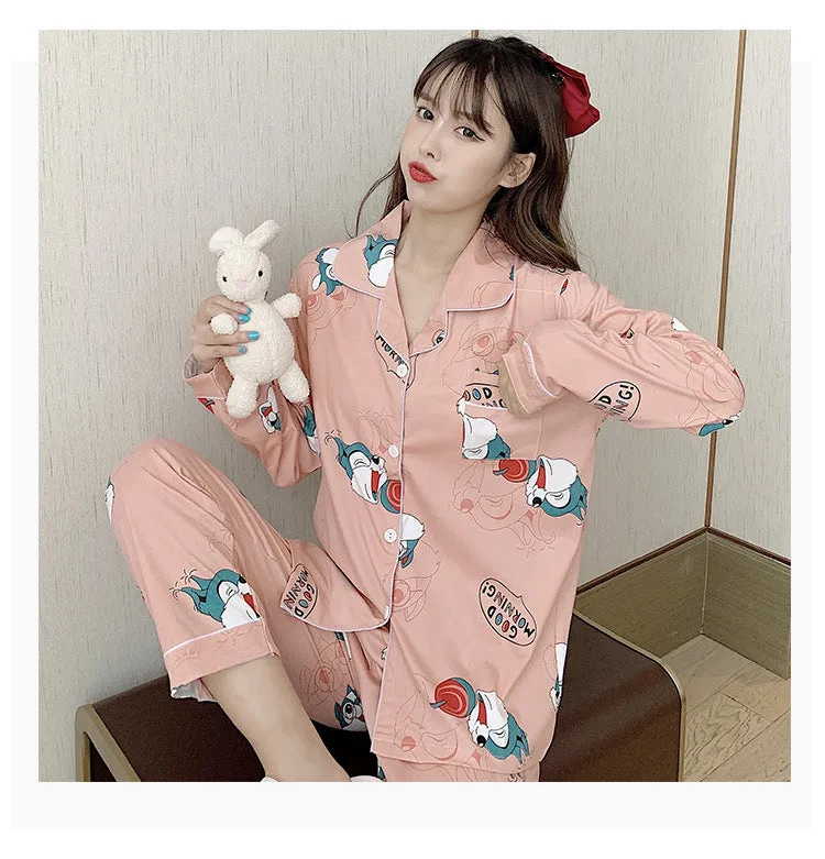 Popular Streaming Pajamas Women Lapel Cotton Long Sleeved Trendy Western Cardigan Loungewear Sets Sleepwear