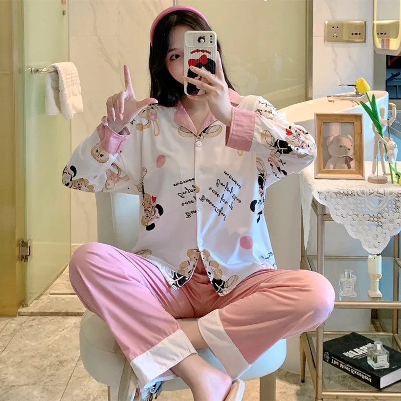 Popular Streaming Pajamas Women Lapel Cotton Long Sleeved Trendy Western Cardigan Loungewear Sets Sleepwear
