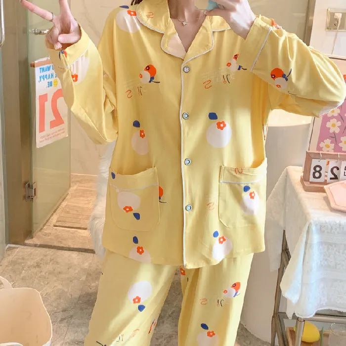 Popular Streaming Pajamas Women Lapel Cotton Long Sleeved Trendy Western Cardigan Loungewear Sets Sleepwear