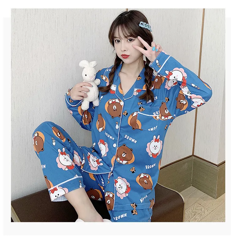 Popular Streaming Pajamas Women Lapel Cotton Long Sleeved Trendy Western Cardigan Loungewear Sets Sleepwear