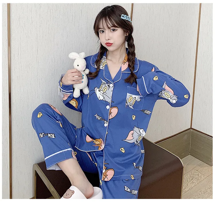 Popular Streaming Pajamas Women Lapel Cotton Long Sleeved Trendy Western Cardigan Loungewear Sets Sleepwear