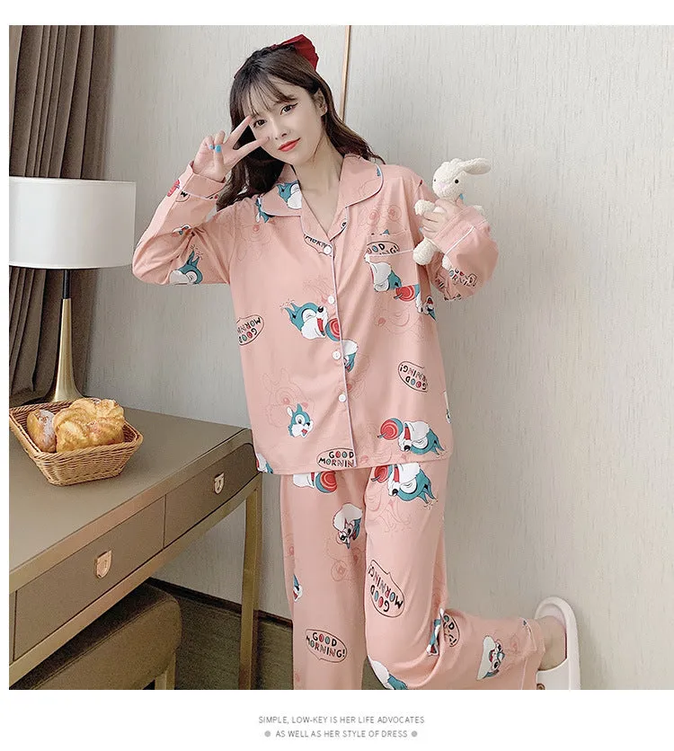 Popular Streaming Pajamas Women Lapel Cotton Long Sleeved Trendy Western Cardigan Loungewear Sets Sleepwear