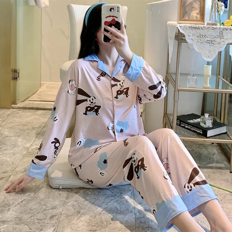 Popular Streaming Pajamas Women Lapel Cotton Long Sleeved Trendy Western Cardigan Loungewear Sets Sleepwear