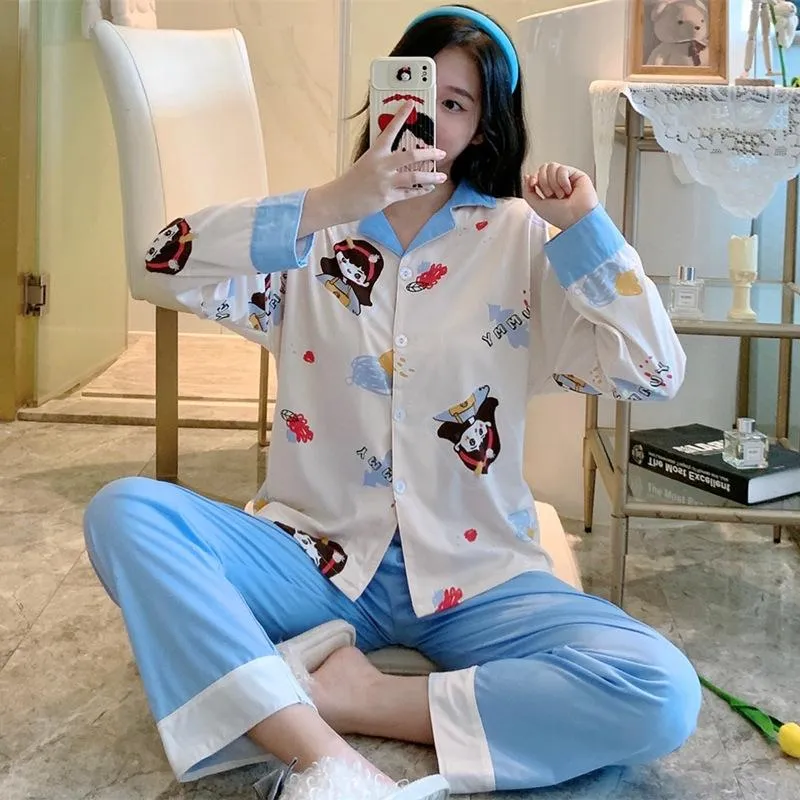 Popular Streaming Pajamas Women Lapel Cotton Long Sleeved Trendy Western Cardigan Loungewear Sets Sleepwear