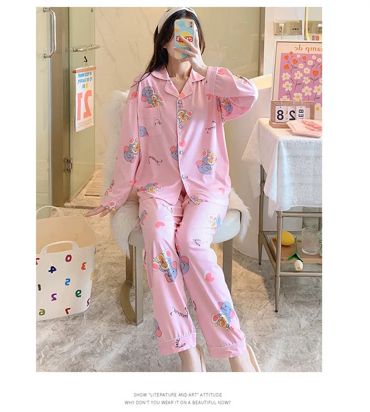 Popular Streaming Pajamas Women Lapel Cotton Long Sleeved Trendy Western Cardigan Loungewear Sets Sleepwear